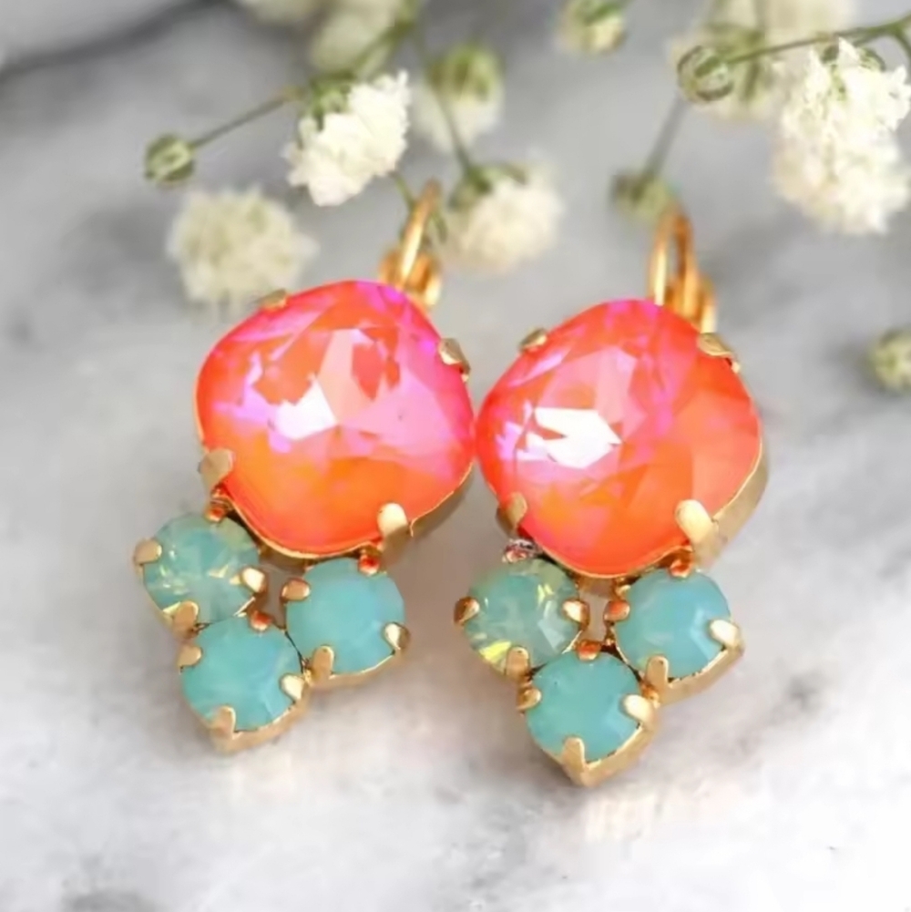 Pink & green crystal drop earrings; Nwot